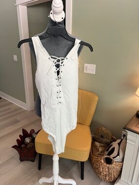 Ashley Graham White Lace-Up One-Piece Swimsuit